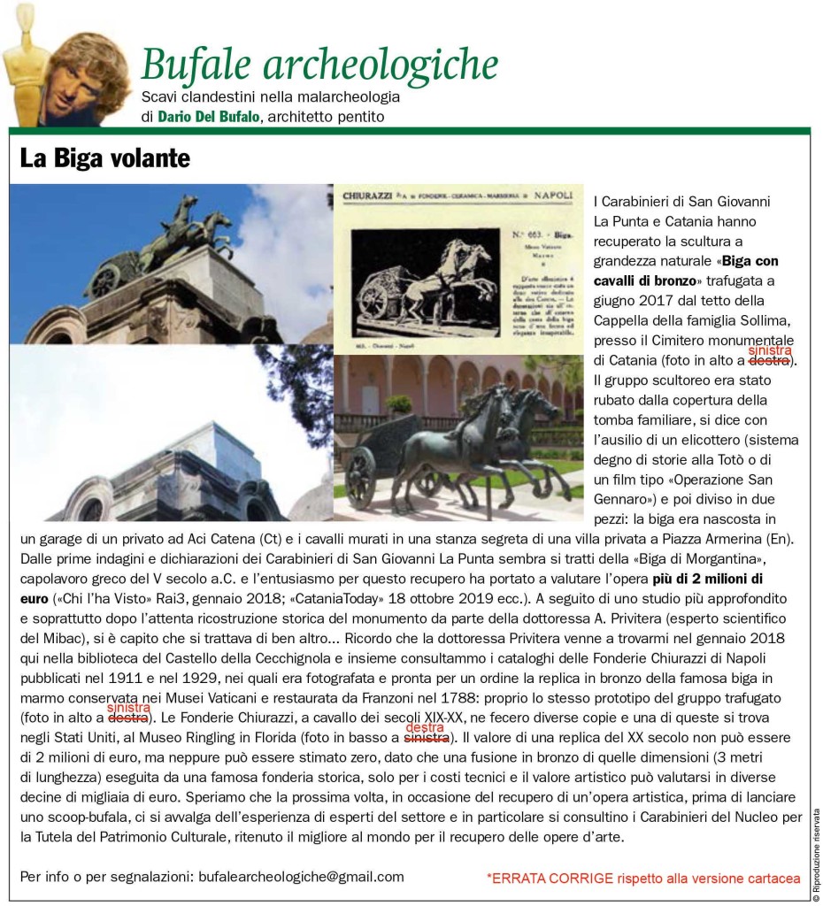 La Biga Volante Dario Del Bufalo Bufale Archeologiche Giornale dell'Arte Dicembre 2019